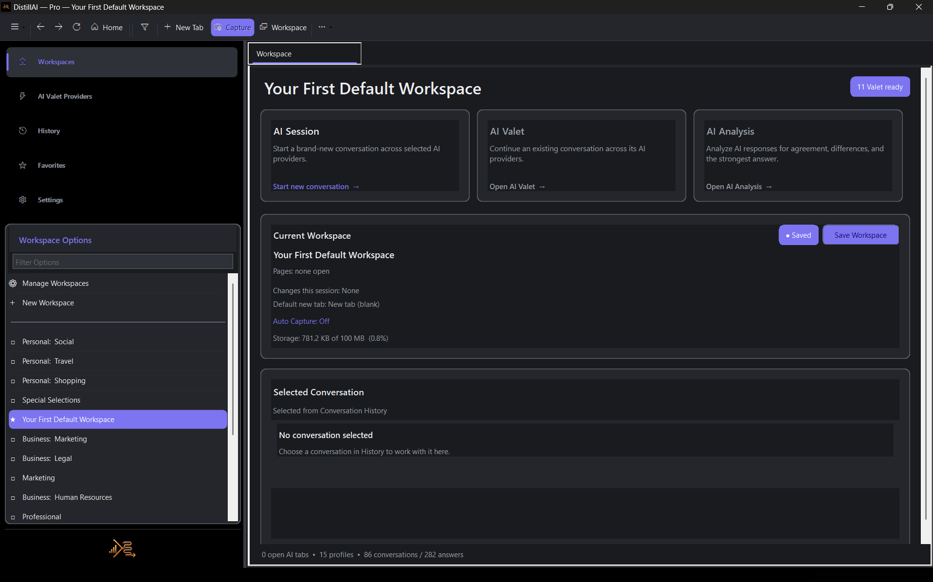 Current DistillAI cloud workspace showing access to AI Session, AI Valet and AI Analysis